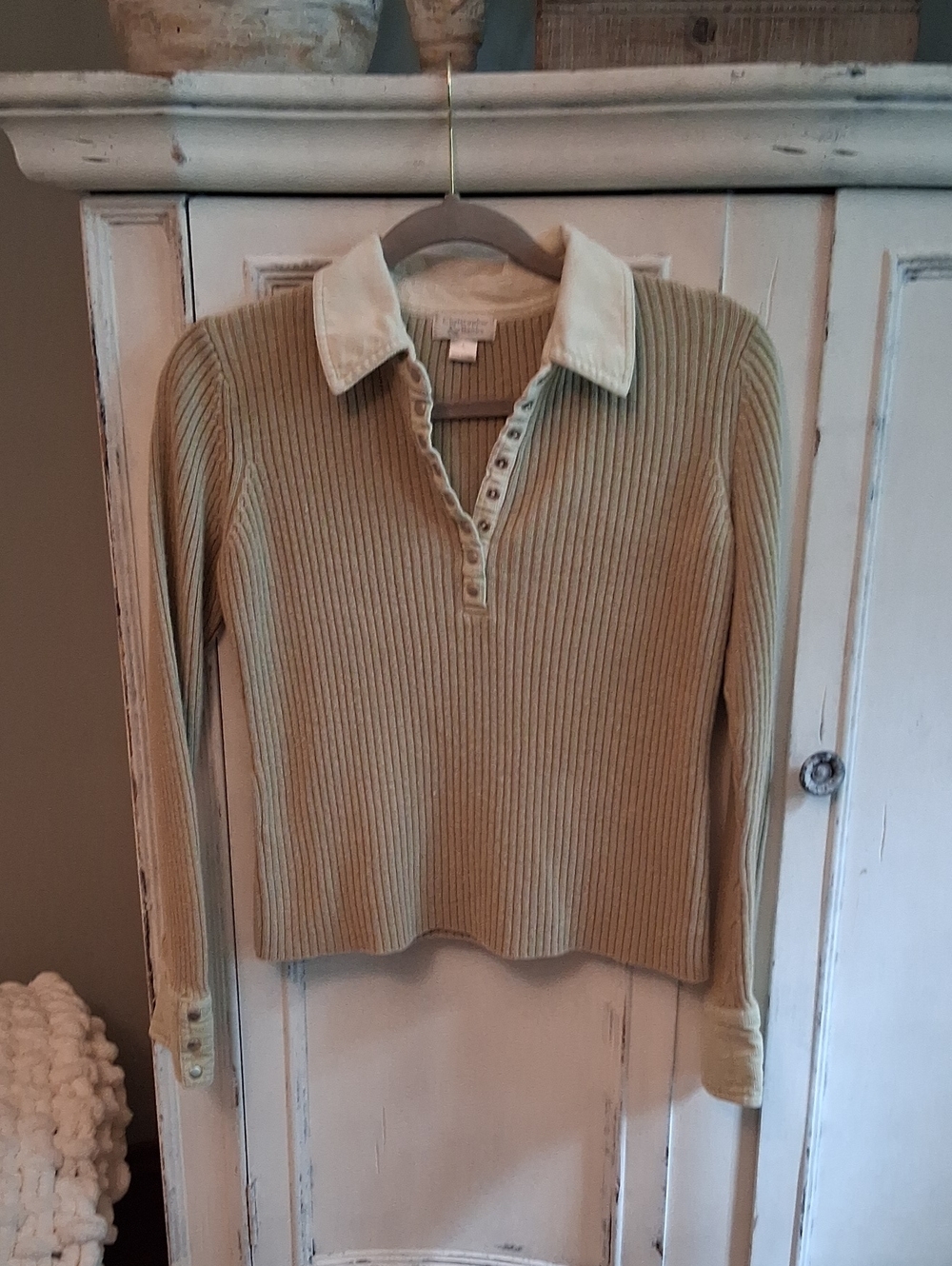 Christopher & Banks Ribbed Polo V-Neck Sweater in Light Olive